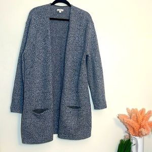LL Bean Signature Lambs Wool Gray Blue Knit Open Long Cardigan Sweater Large